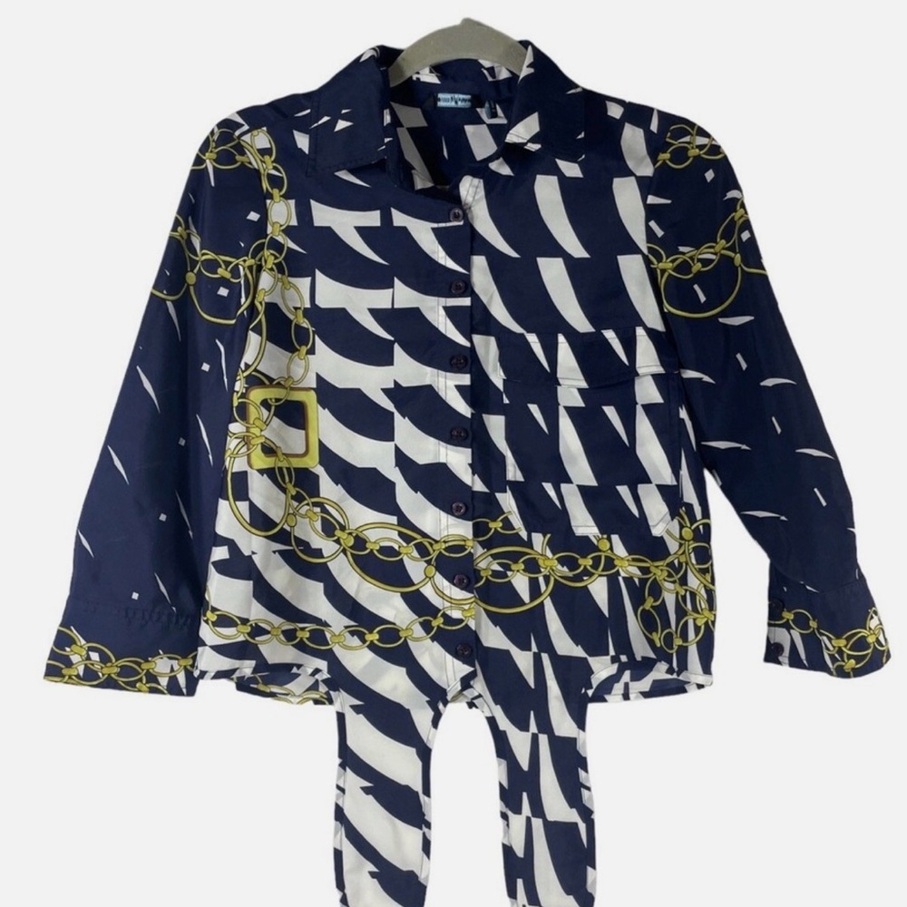Marciano Guess blue and gold tie front blouse